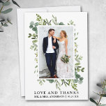 Tarjeta De Agradecimiento El amor elegante gracias a la vegetación de la acu<br><div class="desc">Elegante Boda de color de agua verde Foto Tarjeta de agradecimiento incluye hojas de eucalipto y otros hermosos paisajes botánicos.</div>