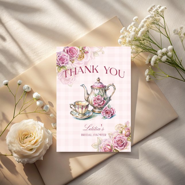 Tarjeta De Agradecimiento El amor está en el aire Fiesta de té vintage victo (Love is brewing Vintage Victorian bridal tea party Thank You Cards pastel pink roses tea set )