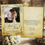 Tarjeta De Agradecimiento El amor por el pergamino vintage gracias a la foto<br><div class="desc">Estas hermosas tarjetas de agradecimiento de bodas de lila muestran su foto en un fondo vintage de pergamino dorado con rollos ornamentales en las esquinas. La leyenda está escrita en elegantes letras de guiones y dice: Amor y Gracias, con sus nombres debajo. La parte de atrás tiene un romántico gráfico...</div>