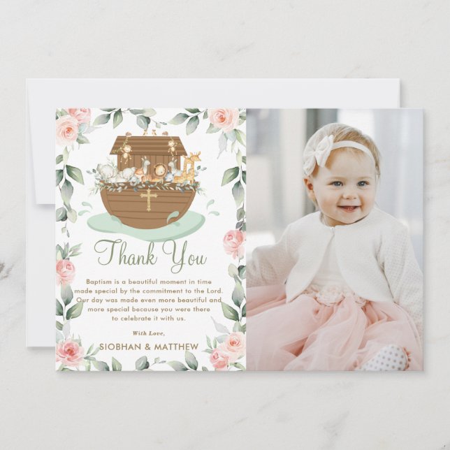 Tarjeta De Agradecimiento El bautismo de Chica floral rosado de Noé (Anverso)