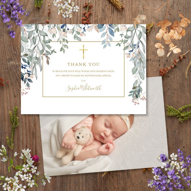 Tarjeta De Agradecimiento El bautismo de oro Christening Foto Foliage Gold (Gold Baptism Christening Photo Foliage Gold Thank You Card)