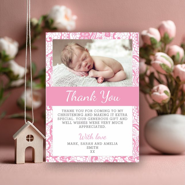 Tarjeta De Agradecimiento El bautizo de los chicas le agradece cardar (Say thank you in the sweetest way with this personalized pink floral christening thank-you card feat)