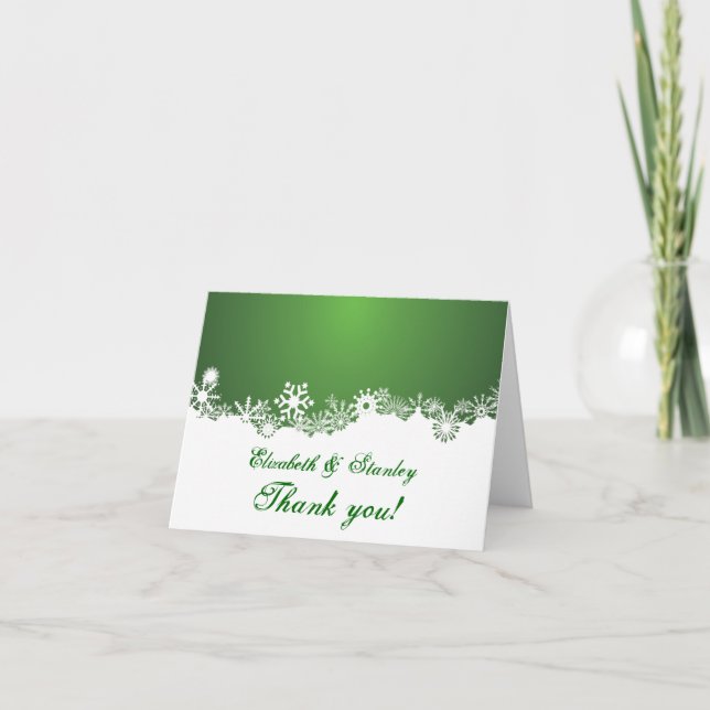 Tarjeta De Agradecimiento El boda blanco verde del invierno del copo de (Anverso)