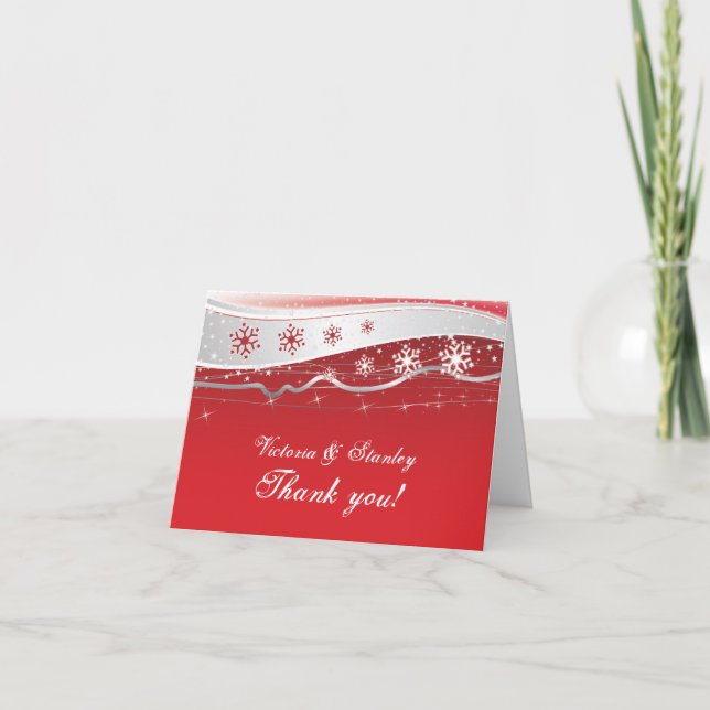 Tarjeta De Agradecimiento El boda del invierno del gris rojo, de plata le (Anverso)