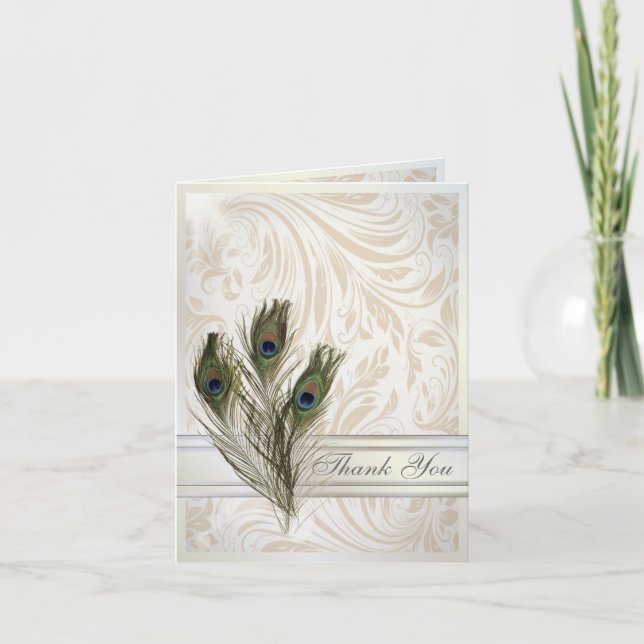 Tarjeta De Agradecimiento el boda elegante del pavo real del damasco del (Anverso)