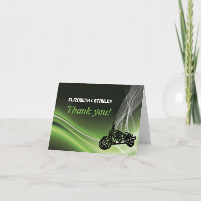 Tarjeta De Agradecimiento El boda verde del motorista/de la motocicleta del (Anverso)