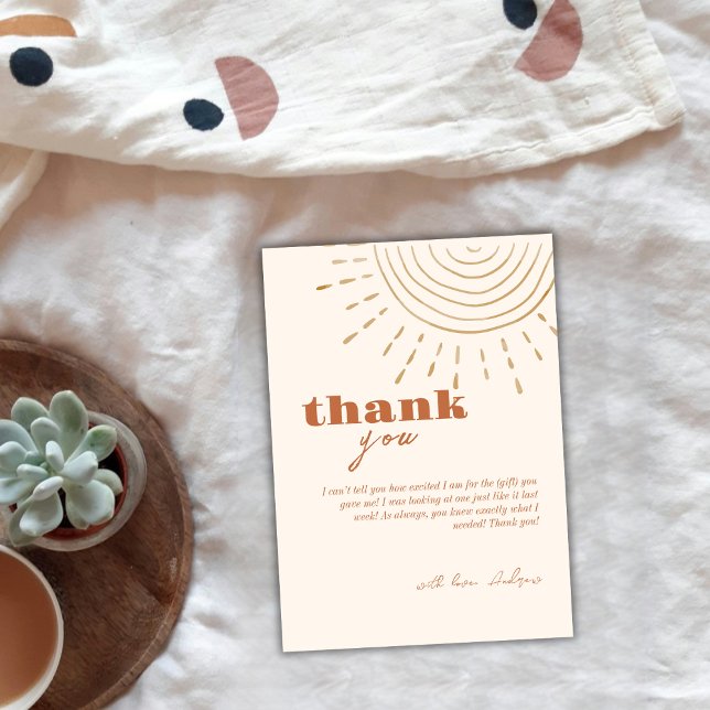 Tarjeta De Agradecimiento El Boho moderno viene aquí el Baby Shower del hijo (Modern Boho Here Comes The Son Baby Shower Thank You Card)