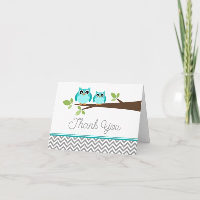 Tarjeta De Agradecimiento El búho azul verde azulado Chevron gris Baby (Anverso)