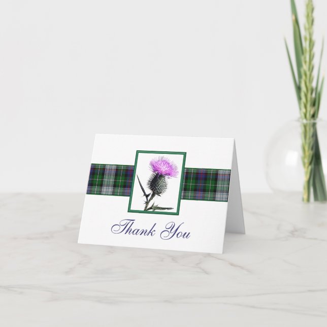 Tarjeta De Agradecimiento El cardo púrpura, verde, blanco del tartán le (Anverso)