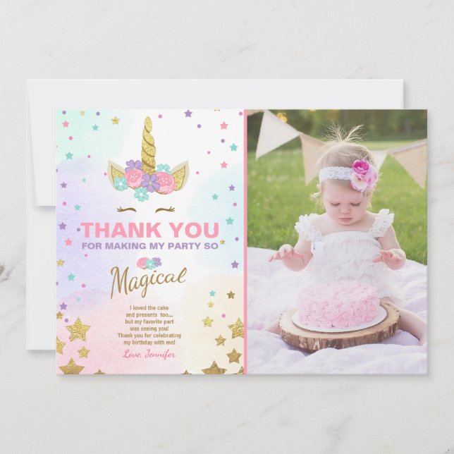 Tarjeta De Agradecimiento El cumpleaños del unicornio le agradece cardar el (Anverso)