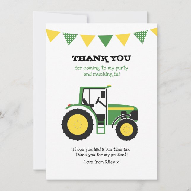 Tarjeta De Agradecimiento El cumpleaños verde del tractor le agradece (Anverso)