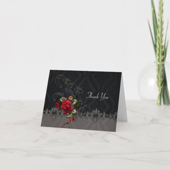 Tarjeta De Agradecimiento El damasco gris del negro de los rosas rojos del (Anverso)