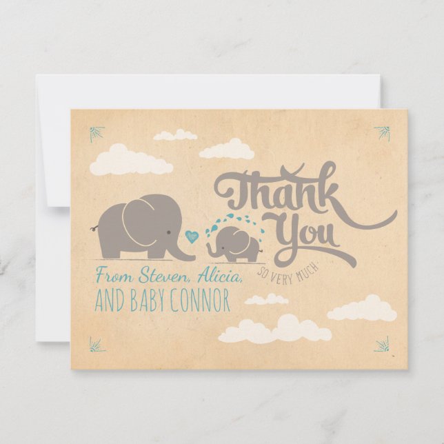 Tarjeta De Agradecimiento El elefante Baby Shower del bebé le agradece las (Anverso)