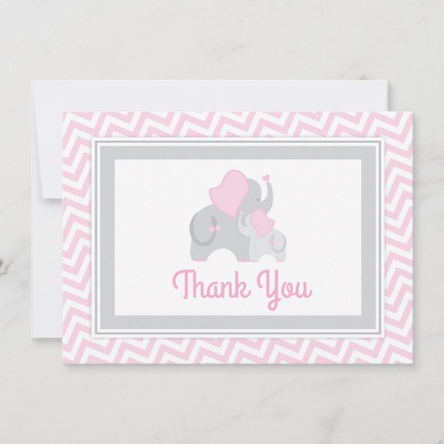 Tarjeta De Agradecimiento El elefante Baby Shower le agradece cardar rosa y (Anverso)