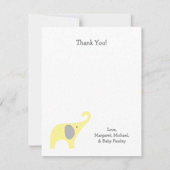 Tarjeta De Agradecimiento El elefante gris amarillo Baby Shower le agradece (Anverso)