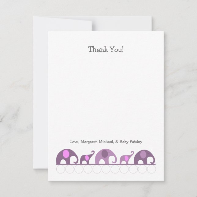 Tarjeta De Agradecimiento El elefante púrpura Baby Shower le agradece las (Anverso)