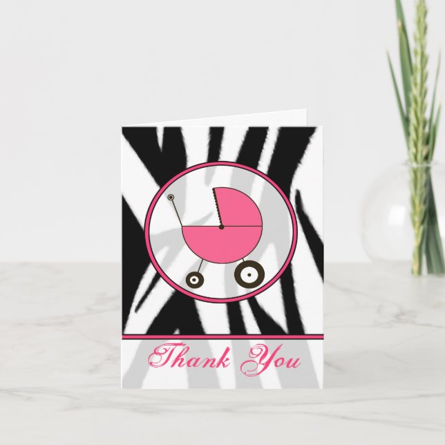 Tarjeta De Agradecimiento El estampado de zebra negro/el carro de bebé (Anverso)
