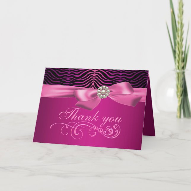 Tarjeta De Agradecimiento El estampado de zebra y el arco rosados le (Anverso)