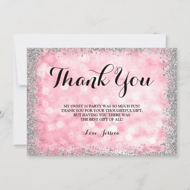 Tarjeta De Agradecimiento El falso purpurina de plata rosado enciende el (Anverso)