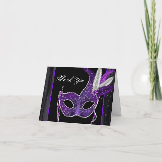 Tarjeta De Agradecimiento El fiesta púrpura elegante de la mascarada le (Anverso)