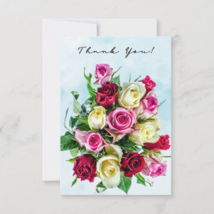 Tarjeta De Agradecimiento El gran Bouquet de rosas sobre fondo azul