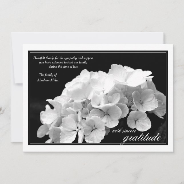 Tarjeta De Agradecimiento El Hydrangea y la condolencia blanco y negro le (Anverso)