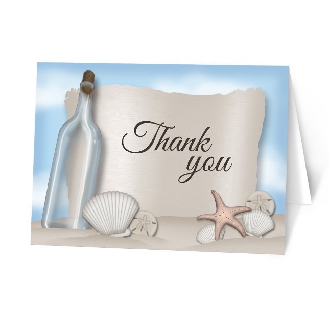 Tarjeta De Agradecimiento El mensaje de una playa de la botella le agradece (Message from a Bottle Beach Thank You Cards from Artistically Invited on Zazzle.)