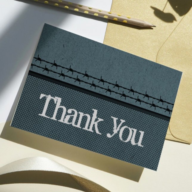 Tarjeta De Agradecimiento El motorista de la cerca del alambre de púas le (Blue Barbed Wire Fence Biker Wedding Thank You Card)