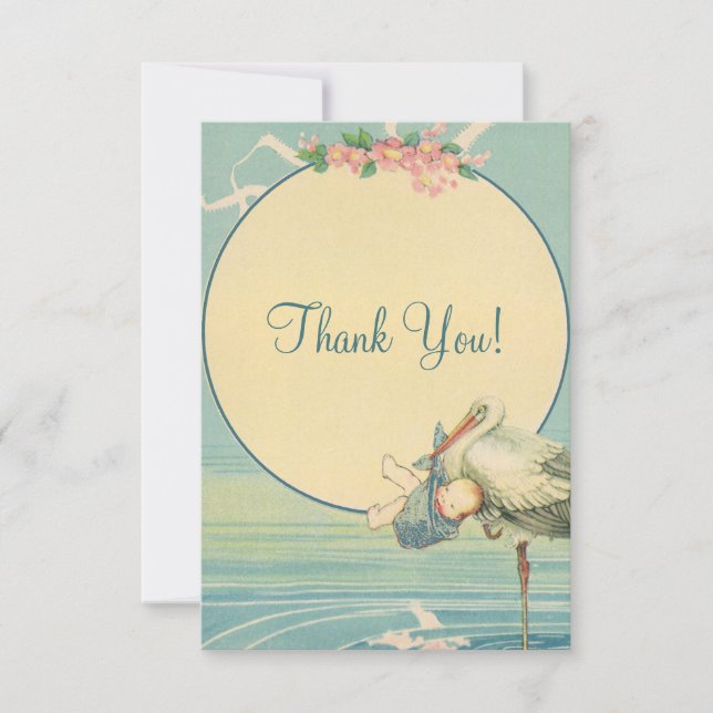 Tarjeta De Agradecimiento El muchacho azul Baby Shower de la cigüeña del (Anverso)