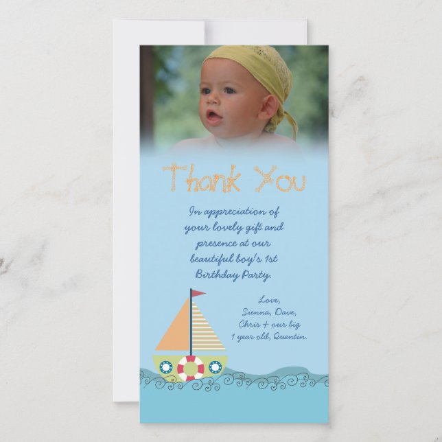 Tarjeta De Agradecimiento El muchacho de marinero le agradece por el regalo (Anverso)