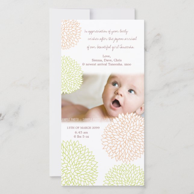 Tarjeta De Agradecimiento El nacimiento floral bonito del bebé le agradece (Anverso)