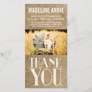 Tarjeta De Agradecimiento El nacimiento rústico del bebé de la arpillera le