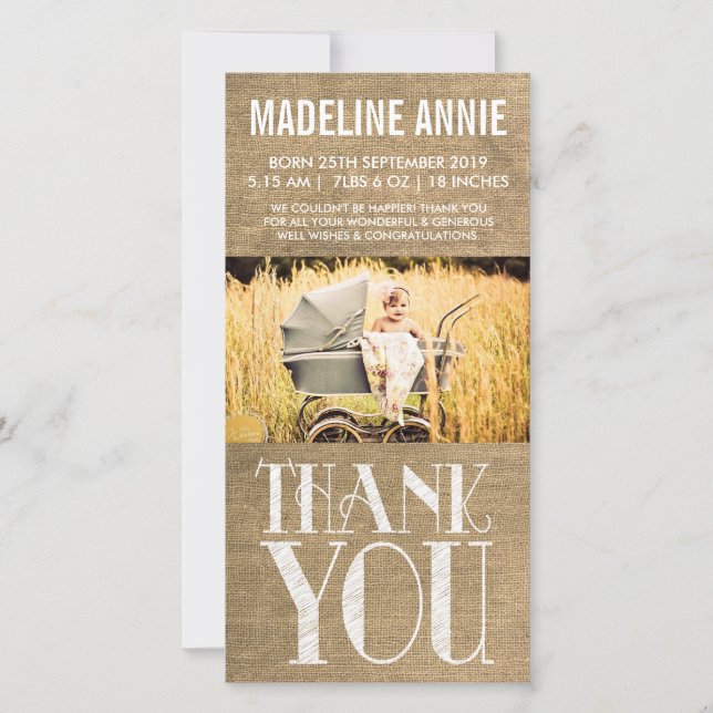 Tarjeta De Agradecimiento El nacimiento rústico del bebé de la arpillera le (Anverso)