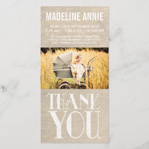 Tarjeta De Agradecimiento El nacimiento rústico del bebé de la arpillera le