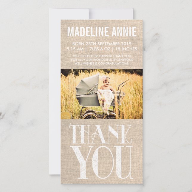 Tarjeta De Agradecimiento El nacimiento rústico del bebé de la arpillera le (Anverso)