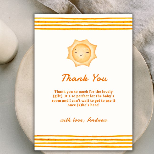 Tarjeta De Agradecimiento El naranja Cute Aquí Viene El Baby Shower Del Hijo (Orange Cute Here Comes The Son Baby Shower Thank You Card)