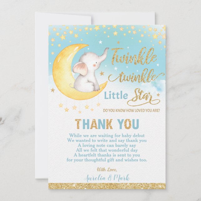Tarjeta De Agradecimiento El niño bebé elefante de la pequeña estrella (Anverso)