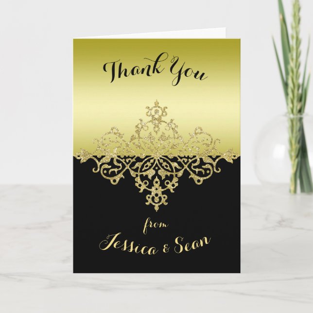 Tarjeta De Agradecimiento El oro elegante, con clase y la boda negra le (Anverso)