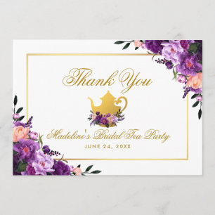 Tarjeta De Agradecimiento El oro floral púrpura le agradece fiesta del té