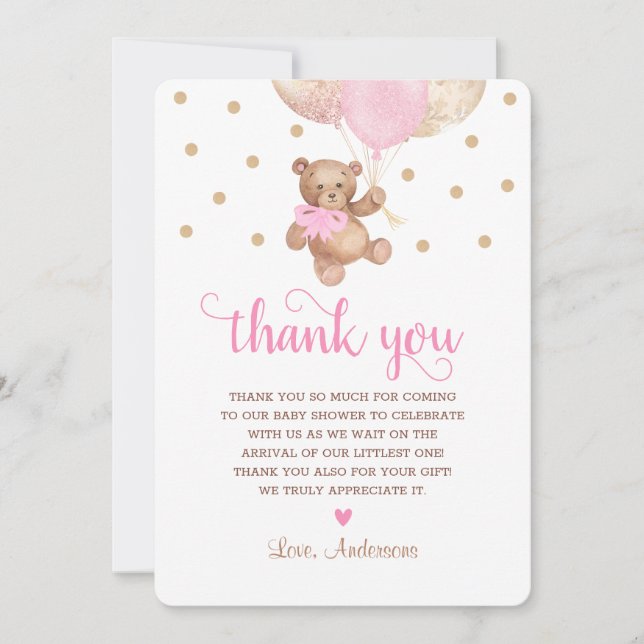 Tarjeta De Agradecimiento El Oso De Teddy Oro Rosado Beary Mucho Baby Shower (Anverso)