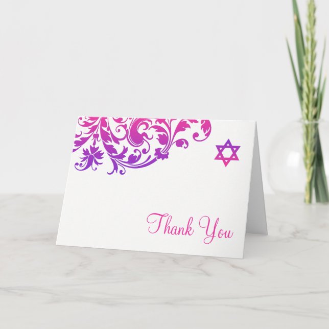 Tarjeta De Agradecimiento El palo rosado púrpura elegante Mitzvah del (Anverso)