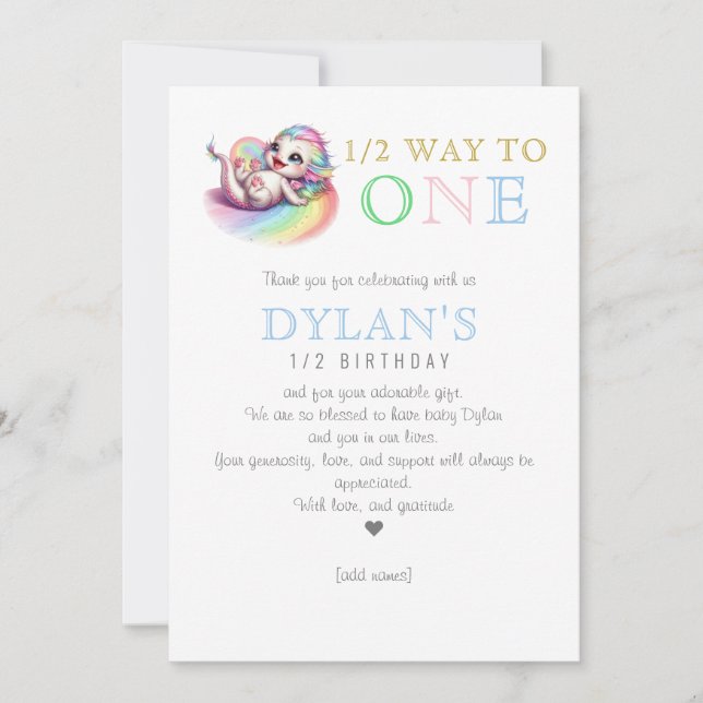 Tarjeta De Agradecimiento El pequeño dragón a medio camino de un cumpleaños  (Anverso)
