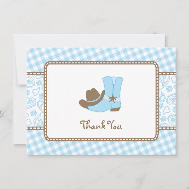 Tarjeta De Agradecimiento El pequeño vaquero Baby Shower le agradece azul y (Anverso)