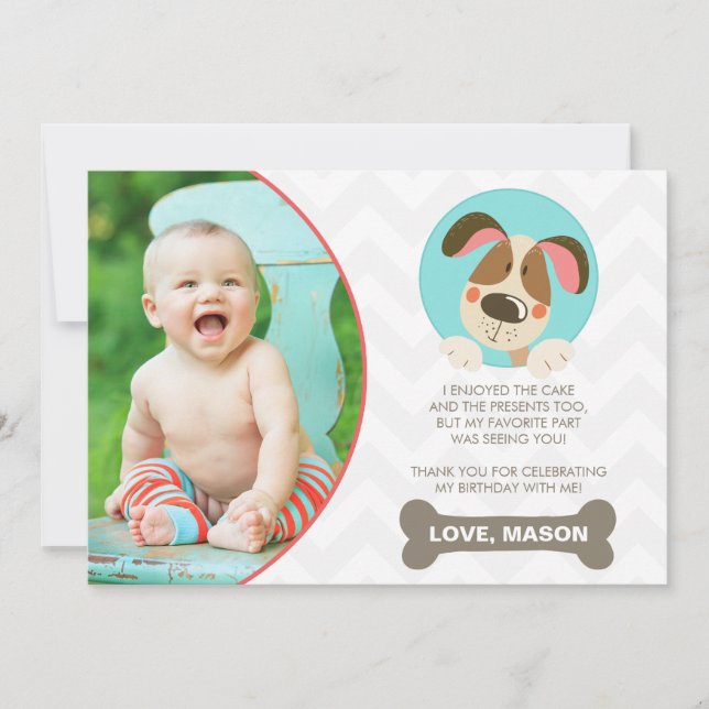 Tarjeta De Agradecimiento El perro de perrito le agradece cardar al muchacho (Anverso)