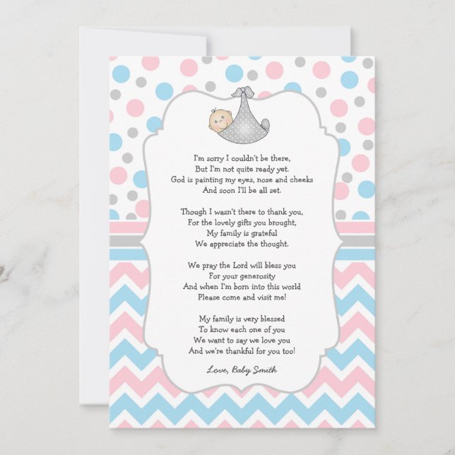 Tarjeta De Agradecimiento El punto azul rosado Baby Shower le agradece (Anverso)
