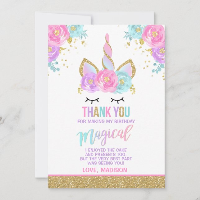 Tarjeta De Agradecimiento El unicornio mágico le agradece cardar al fiesta (Anverso)