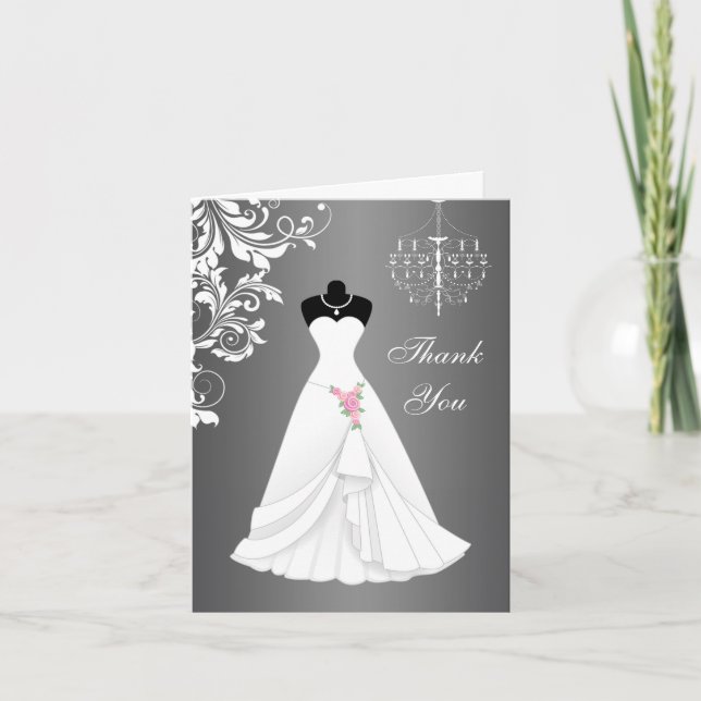 Tarjeta De Agradecimiento El vestido de boda, lámpara en gris negro le (Anverso)