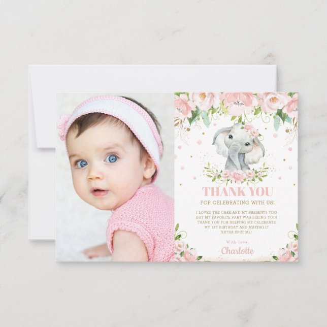 Tarjeta De Agradecimiento Elefante Adorable Chica Floral Rosa Primer cumplea (Anverso)