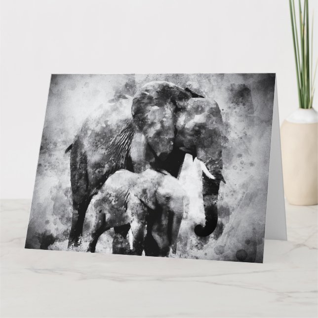 Tarjeta De Agradecimiento Elefante africano con becerro negro y blanco (Anverso)