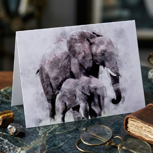 Tarjeta De Agradecimiento Elefante Africano Hembra con Cría Acuarela